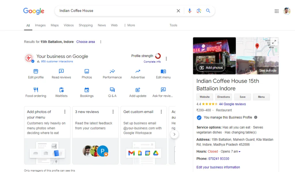 Google business profile in Search Preview