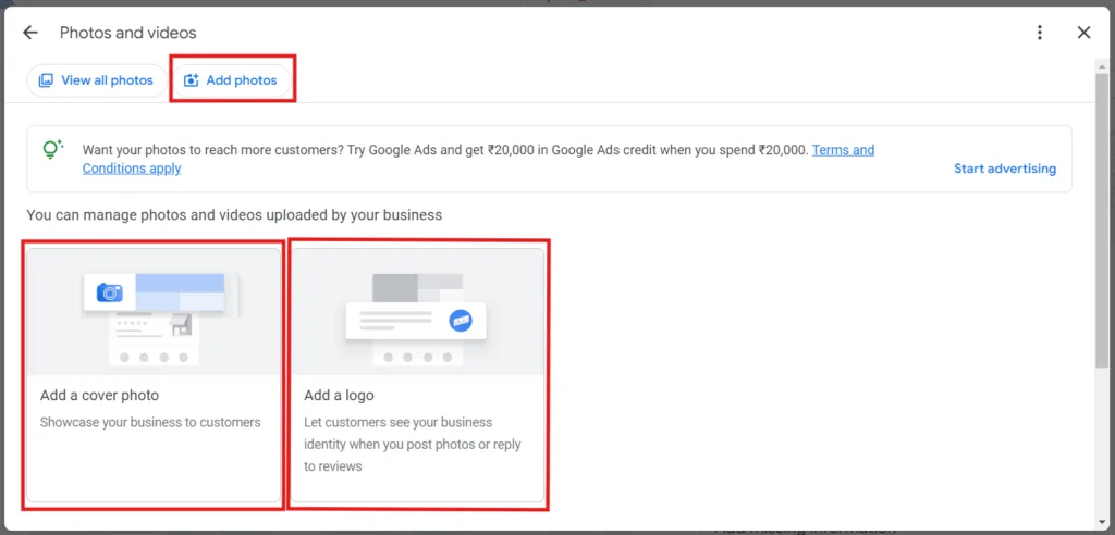 Preview of Google business profile Photos menu popup 