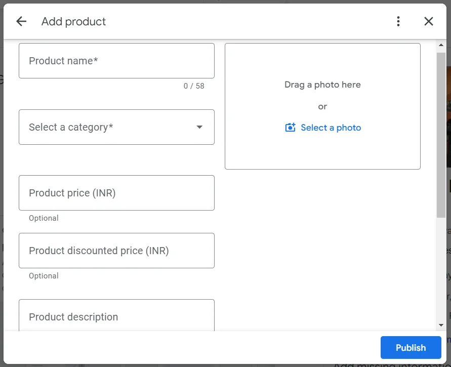 Adding a product details in "edit products" section in Google business profile