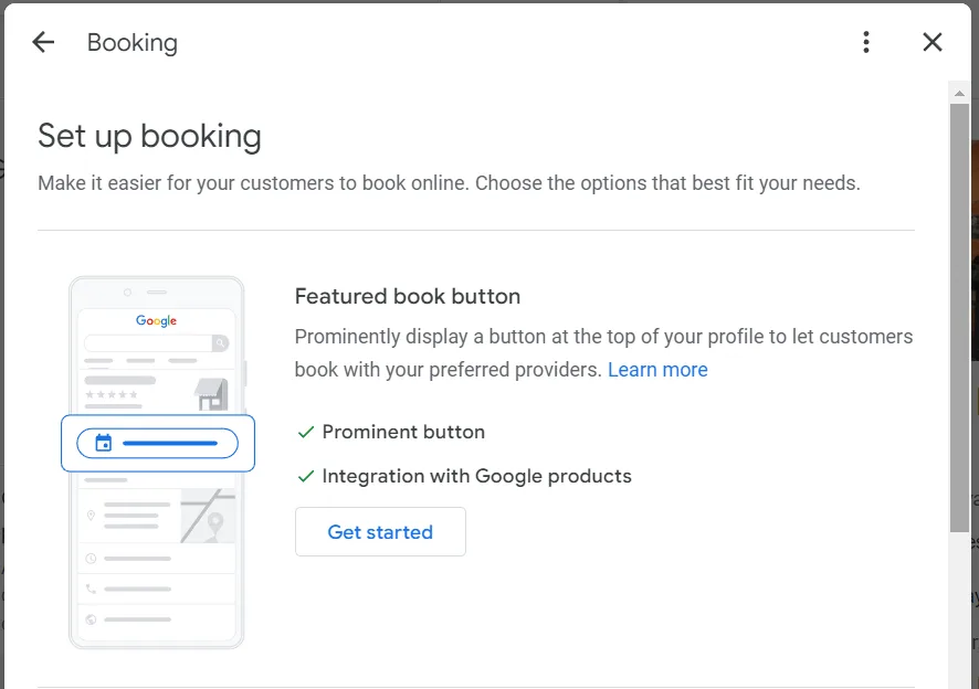 featured book button section in bookings in Google business profile
