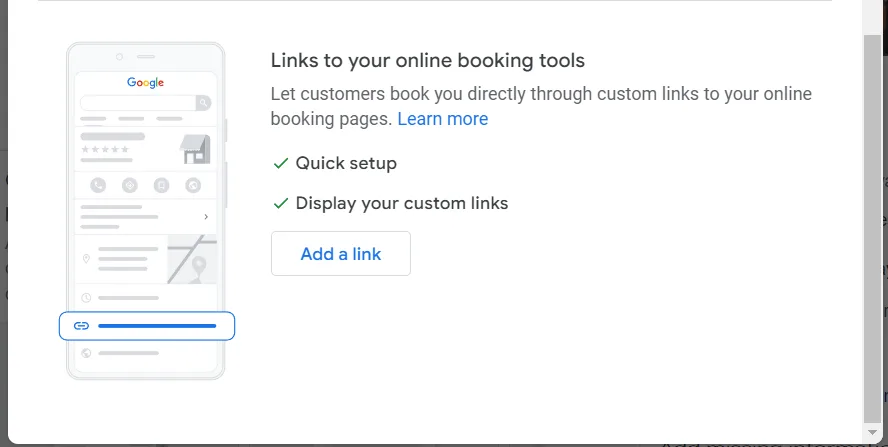 Link to online booking tools in Google business profile