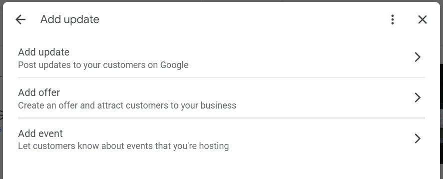 Add update menu in Google business profile