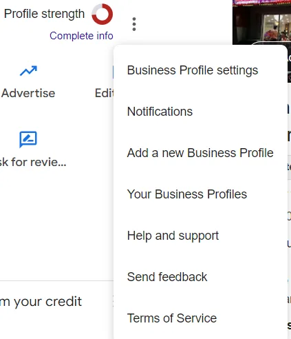 three dots menu in the gogole business profile