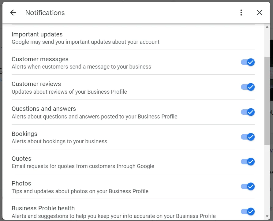 Notification section in Google business profile