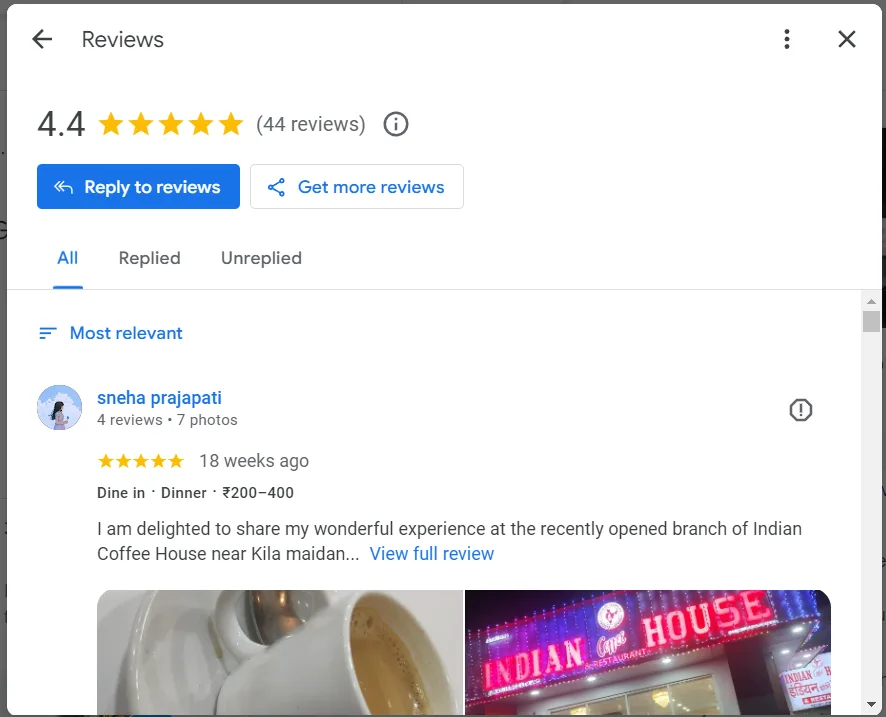 Read Reviews section in Google business profile's merchant panel