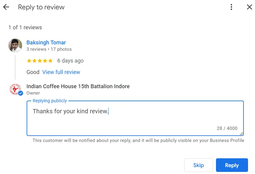 Reply to a review popup box